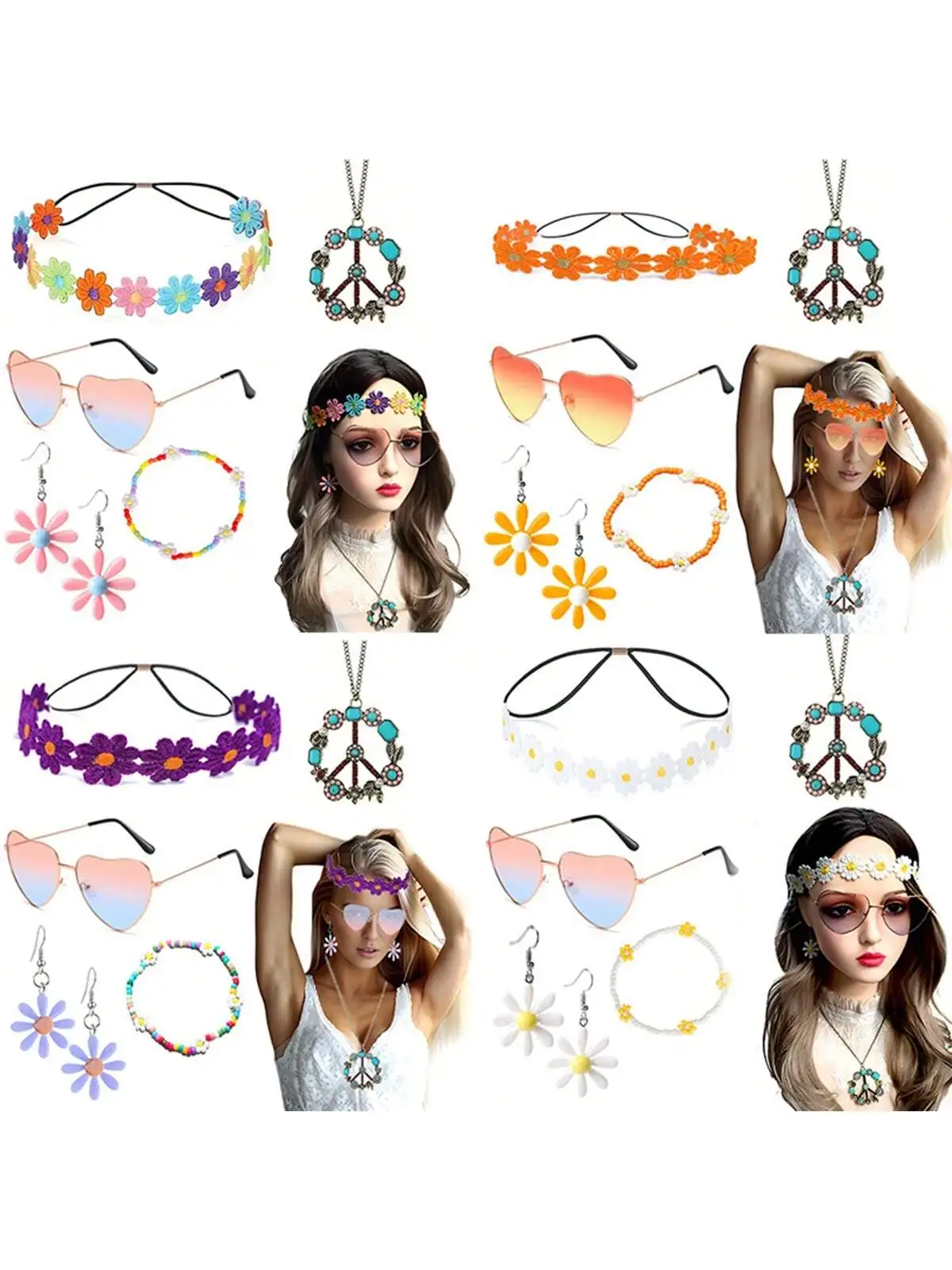 6 Pieces Hippie Accessory Set includes Peace Sign Bead Necklace, Flower Crown Headband, Hippie Sunglasses Party Costume for Wome