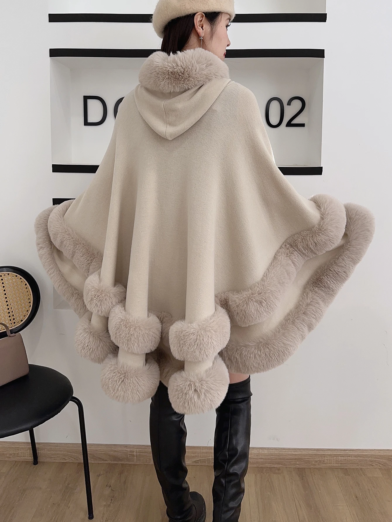 Solid color faux fur fur collar hooded cape jacket with double layered fur design at the hem, plus size knitted jacket cardigan