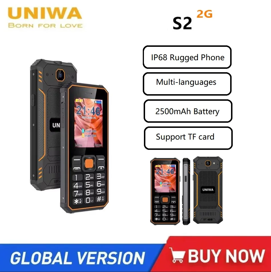 UNIWA S2 Funkcja telefonu 2,4-calowy IP68 Wodoodporny, wytrzymały przycisk 1325 Box Głośnik 2G Telefon komórkowy 2500 mAh Obsługa baterii Karta TF