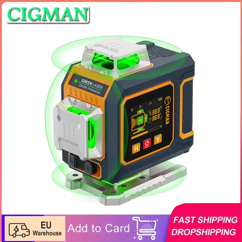 CIGMAN CM-S04 Niveau laser 16 lignes avec écran LCD 4 × 360 °   Green Beam ± 1,5 mm/5 m Application et télécommande à nivellement automatique de haute précision