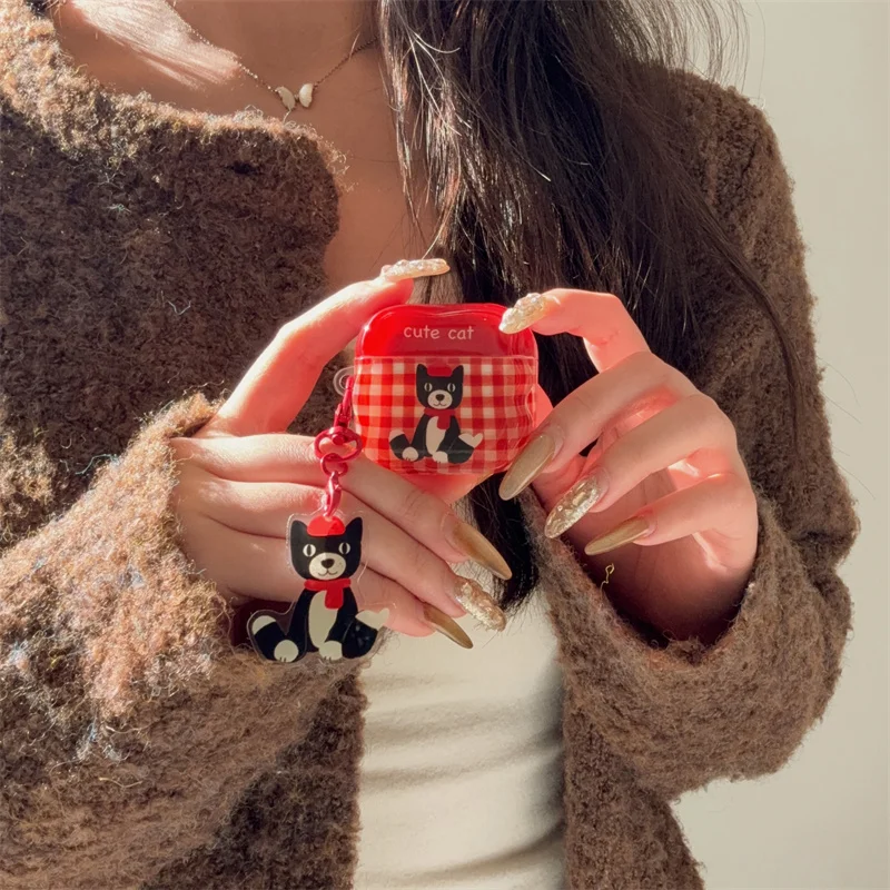 Cartoon red plaid Black cat headphone case for Airpods Pro 2 Airpods 4 3 2 1 Cute pendant Earphone cover Shock proof