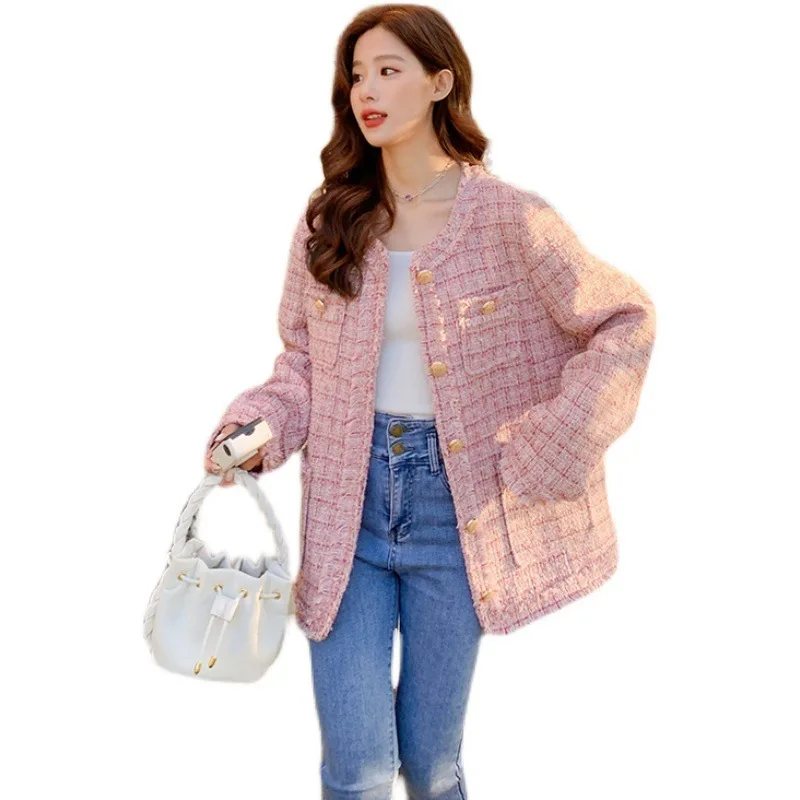 Cappotto da donna con fragranza lunga in tweed primavera autunno 2024 nuovo blazer rosa casual femminile