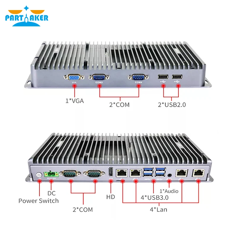 Partaker Fanless Mini PC Intel Core I3 10110U I5 8260U I7 10810U 4 LAN TPM2.0 VGA HD 9 ~ 36V COM คอมพิวเตอร์อุตสาหกรรม