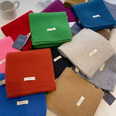 2025 100% Australian Wool Scarf Women Winter  Solid Color Knitted Scarf Windproof Thick Warm Neck Protection Ladies Knit Scarf