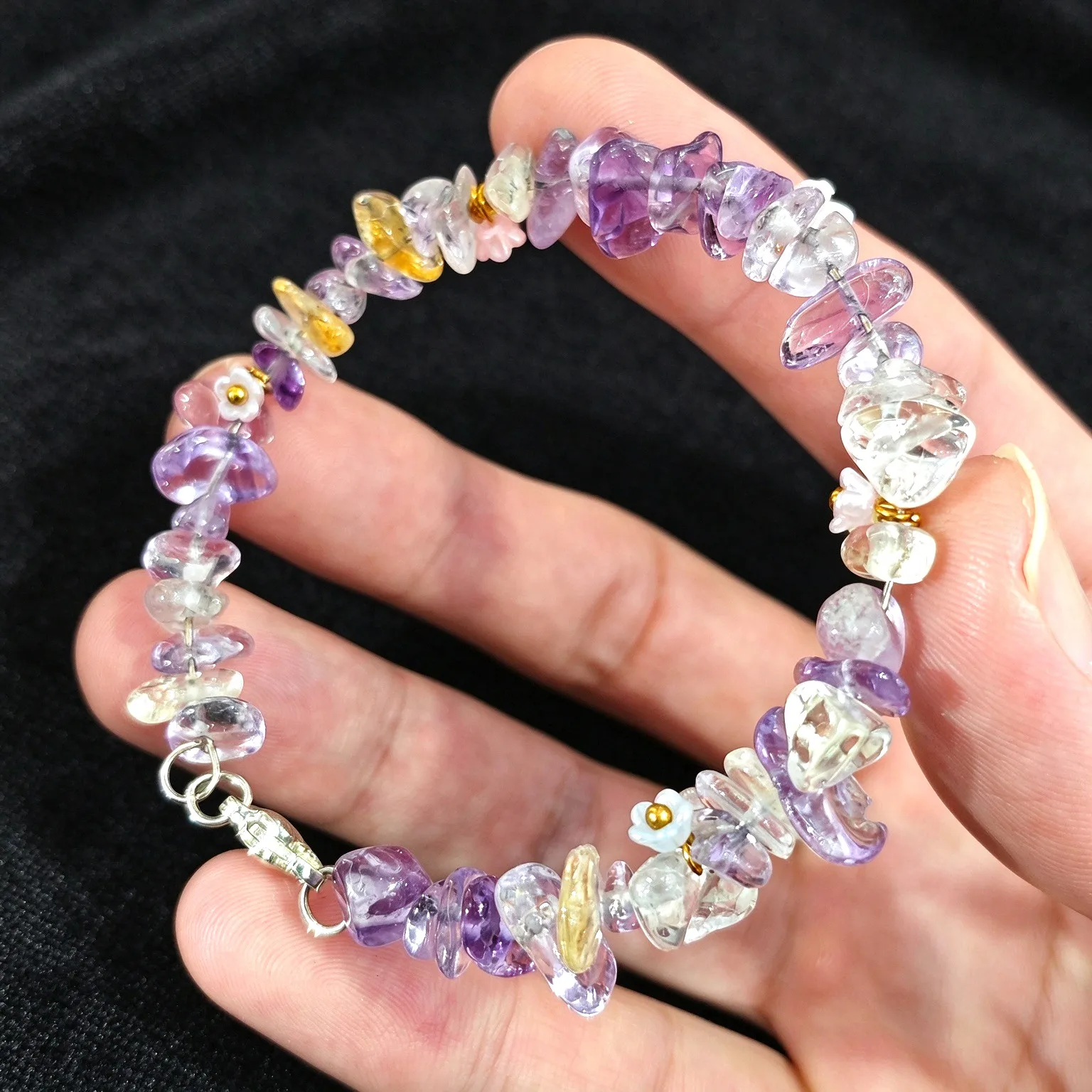 Handcrafted Amethyst Treated Citrine Chip Gemstone Bracelet Wire Wrapped Flower Clasp Wristband Non Elastic Jewelry