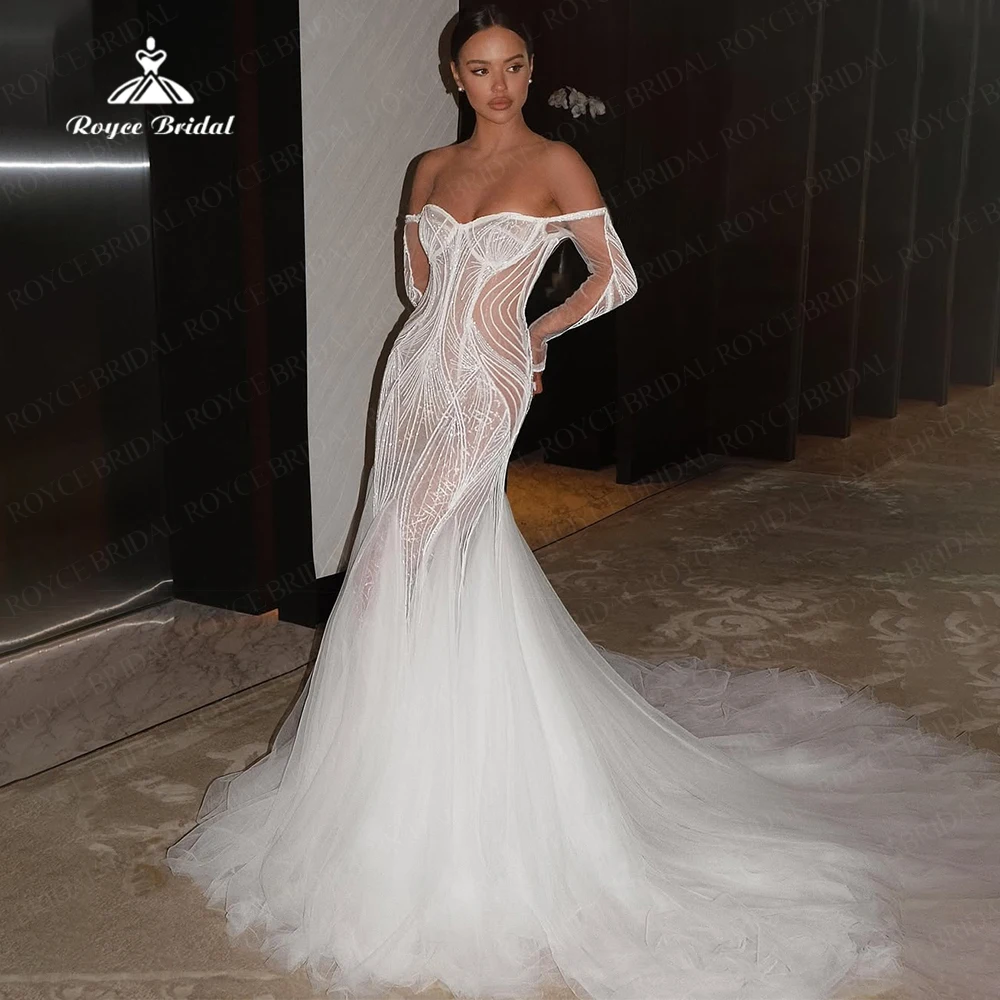 

Roycebridal индивидуальное кружевное тюлевое свадебное платье русалки с открытыми плечами и длинными рукавами, милая шея, иллюзия сзади, сексуальное платье невесты