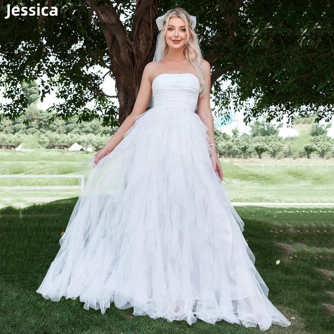 

Jessica Wrinkled White Evening Dresses Tulle Multi-layered Princess Prom Dresses Sexy Off-shoulder Vestidos De Fiesta Customized