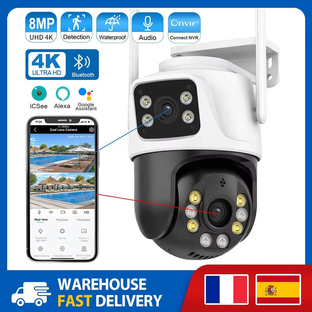 Dual Lens 360º Wifi Camera IP66 Security Protection 8MP 4K Wireless Outdoor Human Detection ICSEE Video Surveillance PTZ Surveil