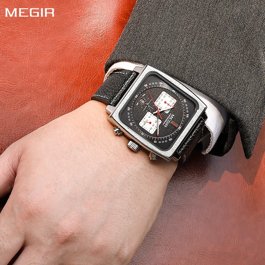 MEGIR Analogue Watch Men Fashion Rectangle Chronograph Quartz Military Watches Waterproof Luminous Leather Strap Wristwatch 2182