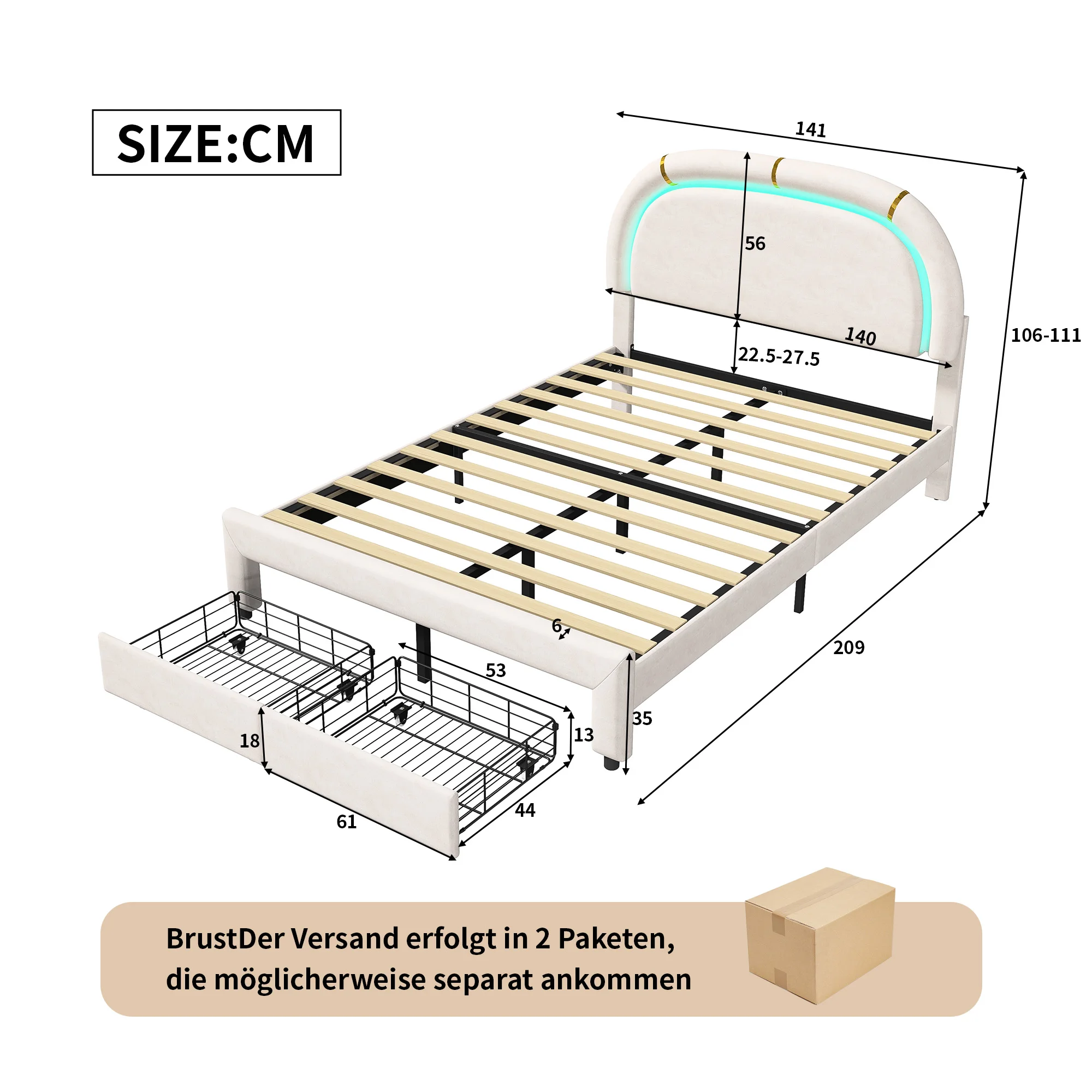 Children's bed LED double bed 140 x 200cm,upholstered bed frame with slatted frame and adjustable headboard,flannel bed,teen bed