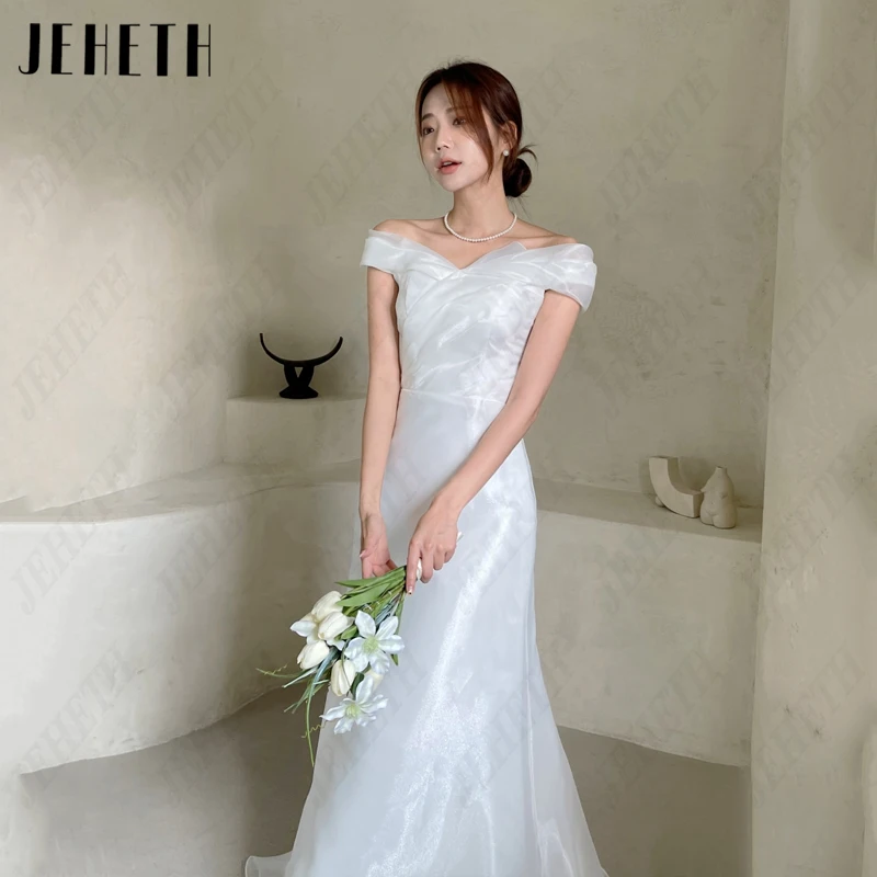 JEHETH Boat Neck Wedding Dresses Women Organza Pleat Bridal Gowns A-Line Backless 웨딩드레스 Photography Vintage Sleeveless High/Low