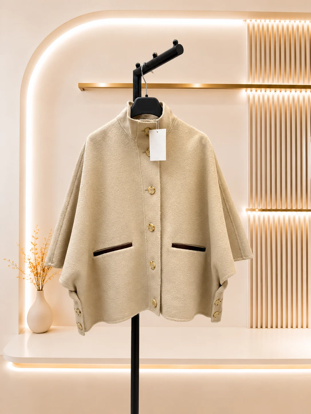 2026 Women Short Cape Jacket Custom Water Ripple Cashmere Fabric Soft Comfortable Pocket Contrast Leather Trim Irregular Drape