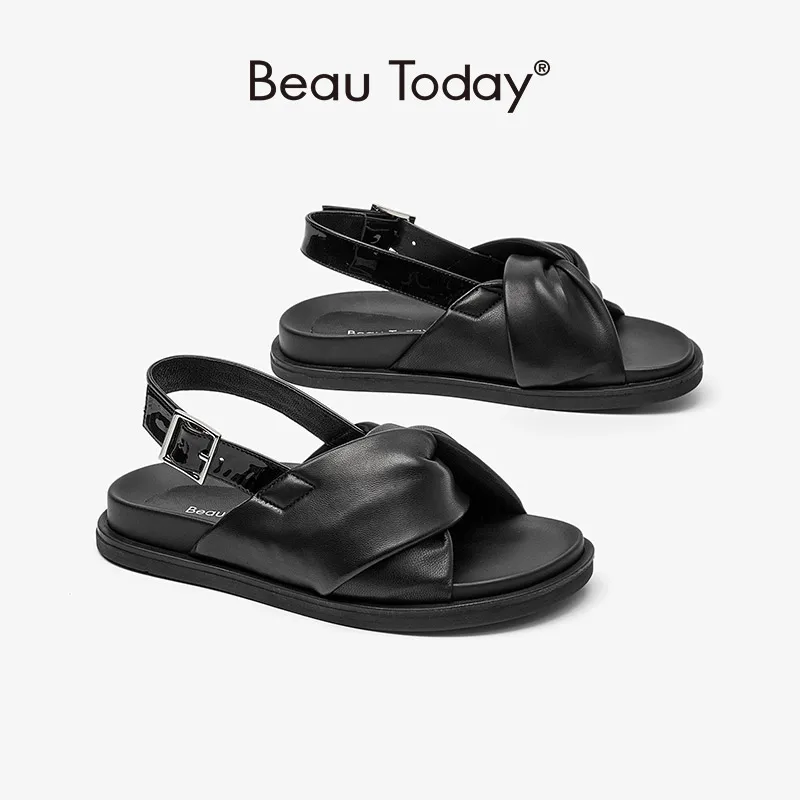 BeauToday Platform Sandals Women Sheepskin Leather Back Strap Open Toe Butterfly-knots Summer Handmade Ladies Shoes 34541