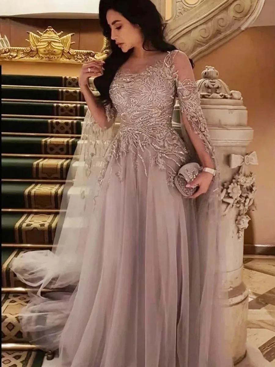 Oisslec Saoedi-Arabië Vrouwen Celebrity Tapijt Jurken Sheer Ronde Hals Prom Dress Kant Applique Lange Mouwen Tule Avondjurken - afbeelding 2