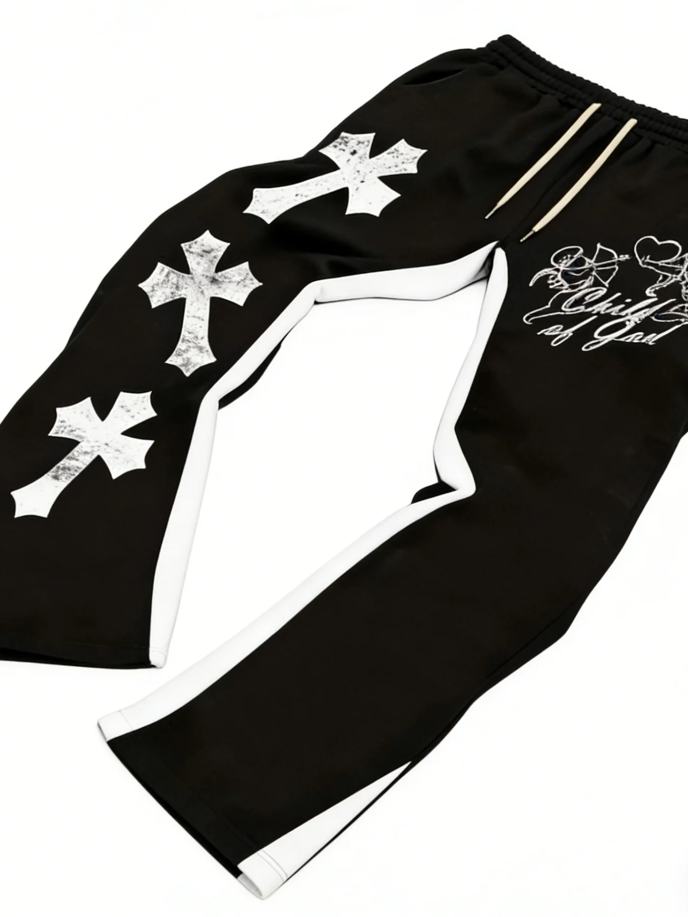 

Мужские повседневные спортивные брюки в уличном стиле с принтом, слегка расклешенные, черно-белые, с блочным дизайном.