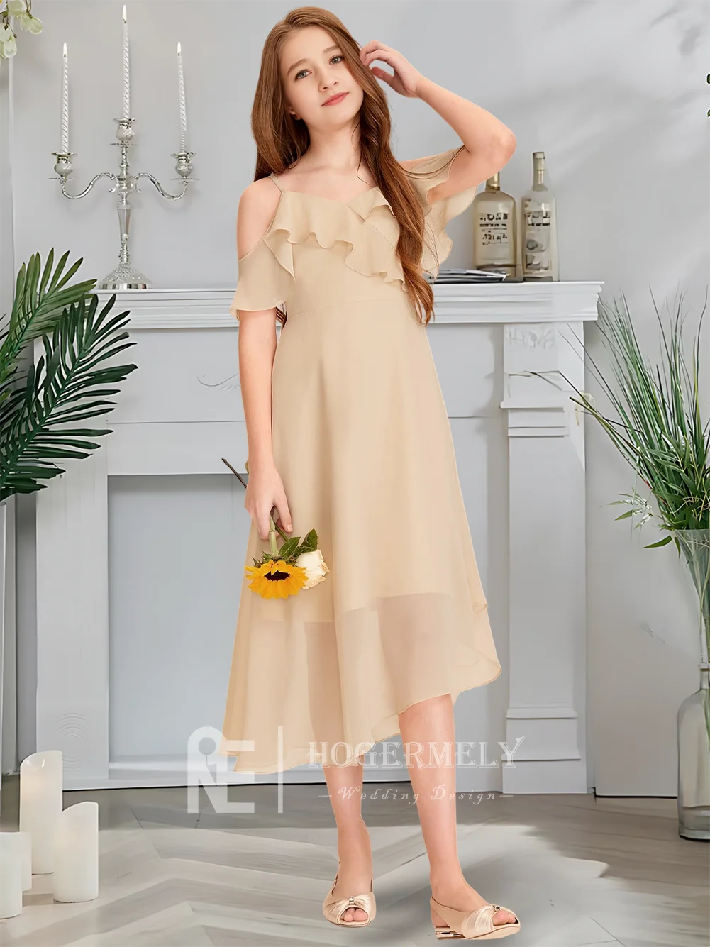 

A Luxurious Cold Shoulder Junior Bridesmaid Dress Golden Haze Flower Girl Gown Asymmetrical Chiffon Cascading Ruffles Wedding