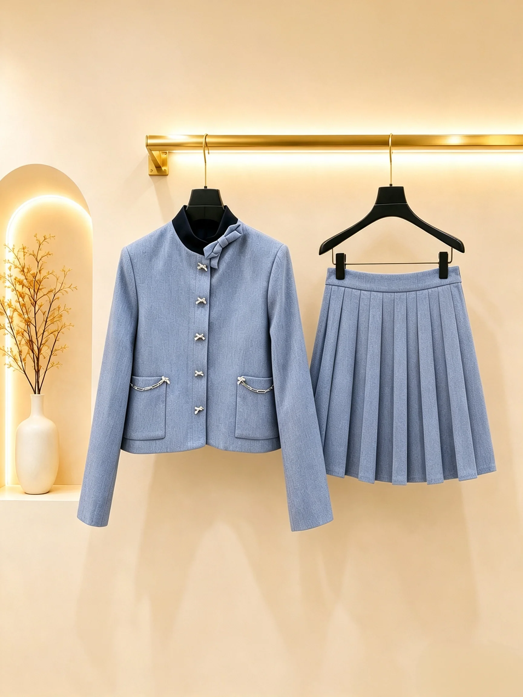 2026 Women Two Piece Set Cropped Jacket Stand Collar Pleated Mini Skirt Bow Buttons Chain Decor Pockets