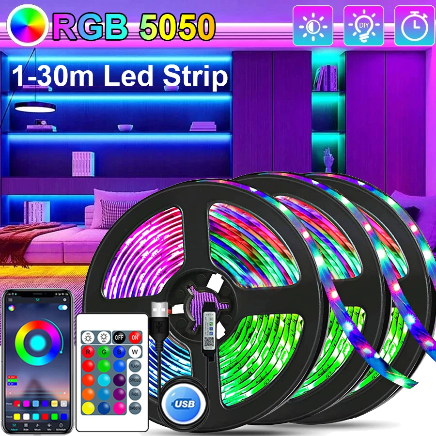 RGB Cor Mudar LED Light Strip, USB, Controle APP, Lâmpada Flexível, Fita, Fita, Diodo, Festival, Festa, TV, Mesa, Decoração do quarto, 5050