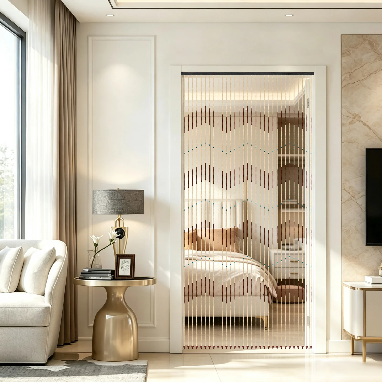 0,9*2,2m 31-reihiger Türvorhang aus Holzperlen mit Wellenmuster, Trennvorhang für Flur/Wohnzimmer/Tür/Fenster – Detail 4