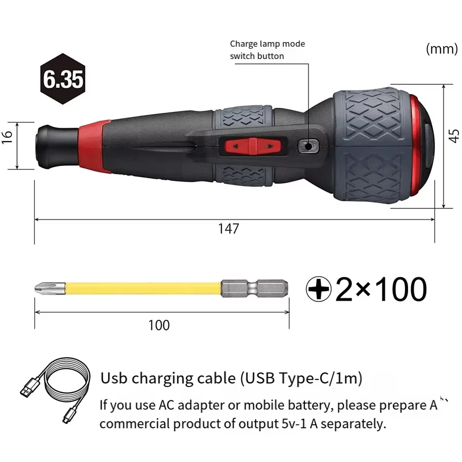 VESSEL 220USB-P1 Ball Grip Electric Screwdriver Set with PH2 Driver Bit LED Light 3-Speed USB Type-C Charge Torque Control