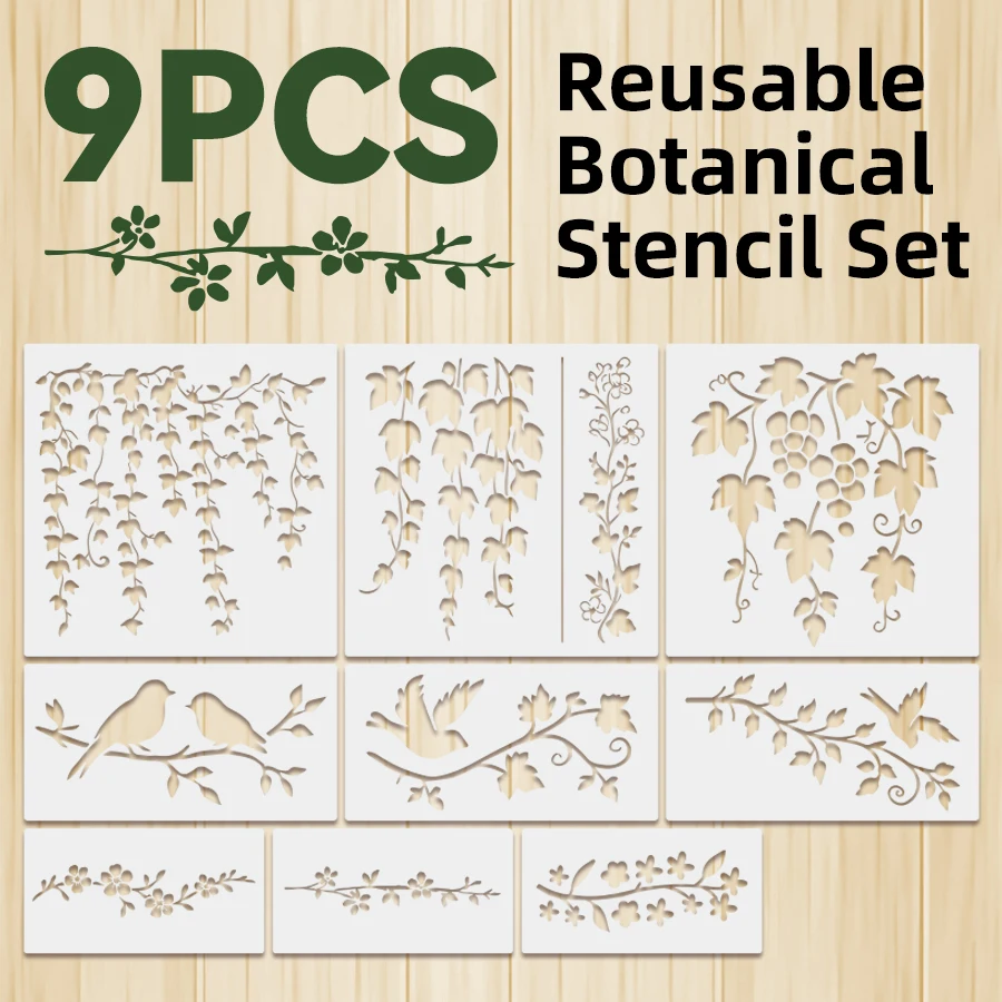 9PCS + 3PCS Plant Stencil Set for DIY Projects, Reusable Botanical Stencils for Walls, Canvas Furniture, Fabric – Grape Vines,