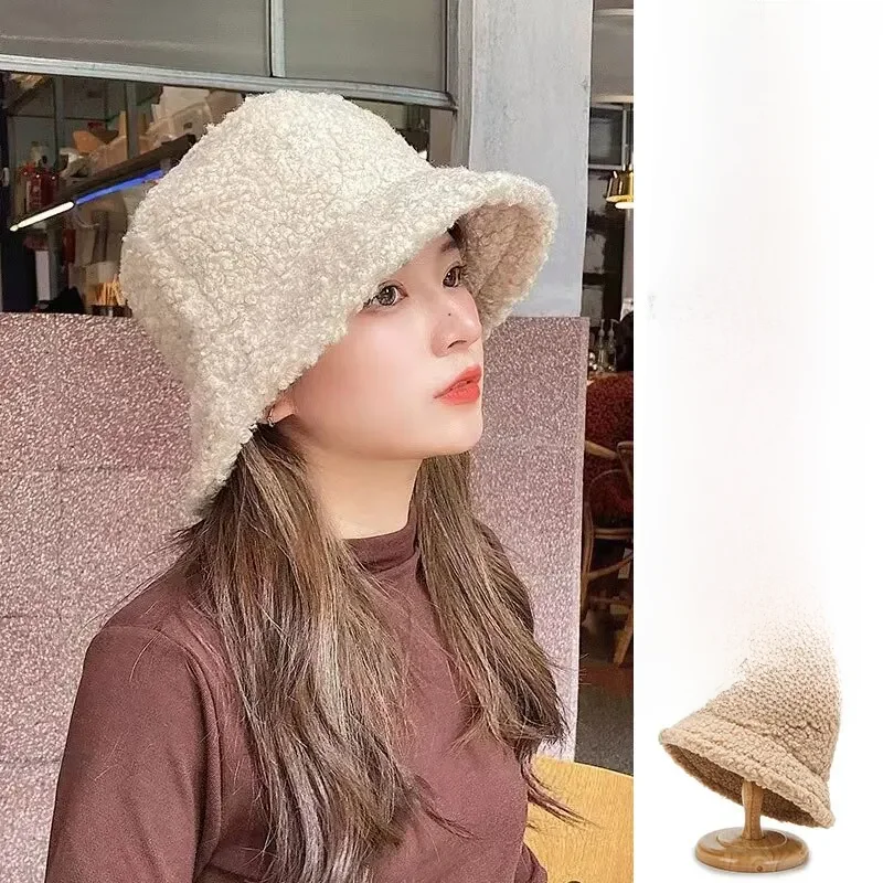 Chapeau seau unisexe Harajuku pour hommes et femmes, chapeau de pêcheur solide, automne hiver, laine d'agneau, casquette Panama chaude pour l'extérieur