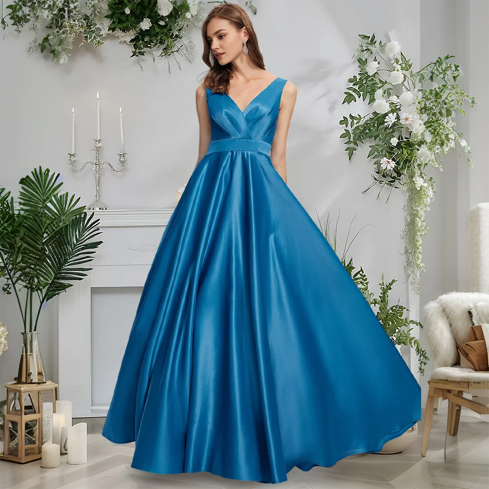 

Evening Dress Blue A-Line V-Neck Satin Prom Gown 2025 Elegant Floor-Length Pleated Wedding Party Formal Dress With Sleeveless