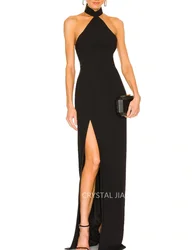 Vintage Long Black Halter Neck Spandex Evening Dresses Sleeveless Backless with Slit Mermaid Floor Length فساتين سهره