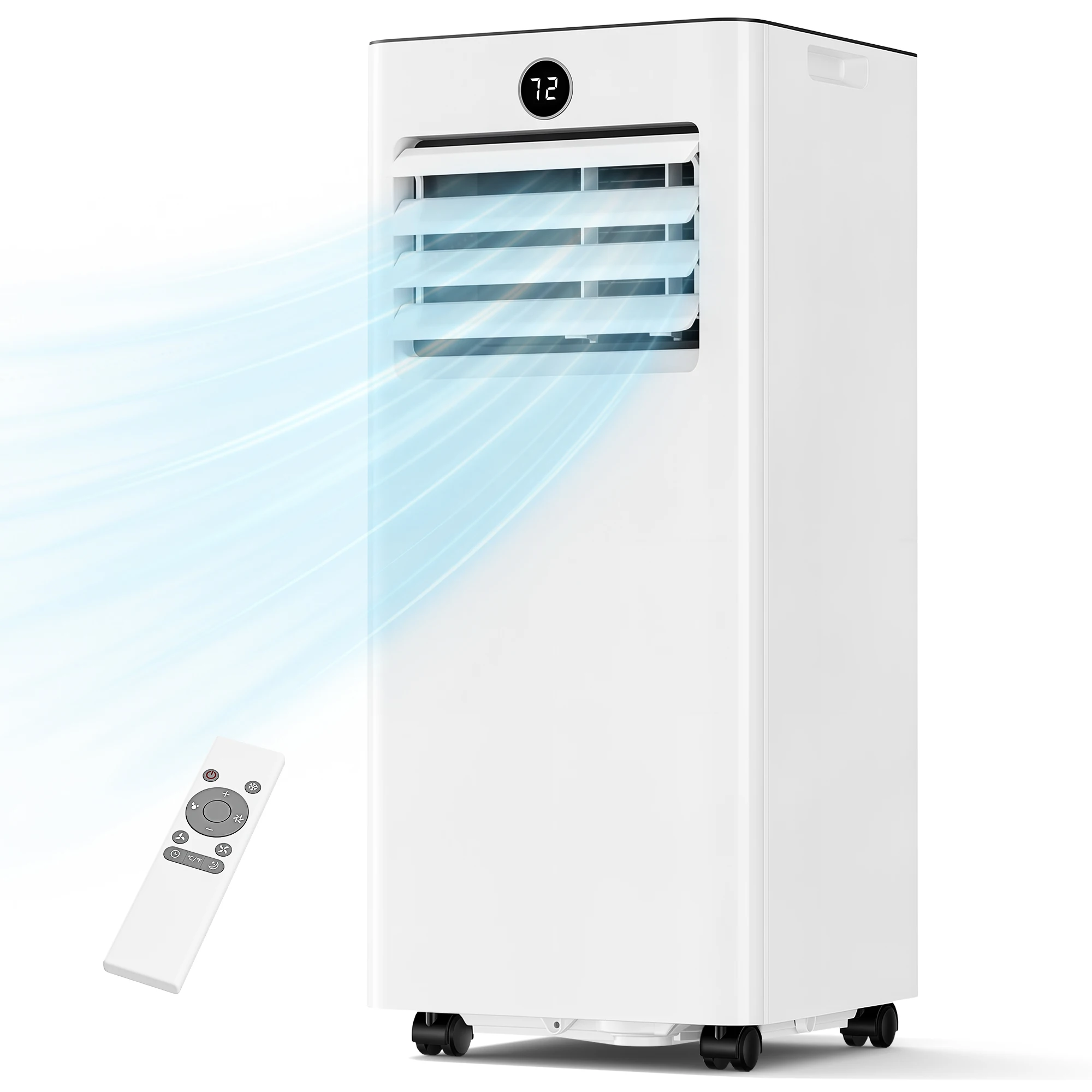 Climatiseur mobile 9000 BTU, tuyau d’évacuation + kit fenêtre, 4‑en‑1: refroidissement, déshumidification, ventilation, mode sommeil, silencieux 45 dB, télécommande et minuterie, jusqu’à 30 m², classe