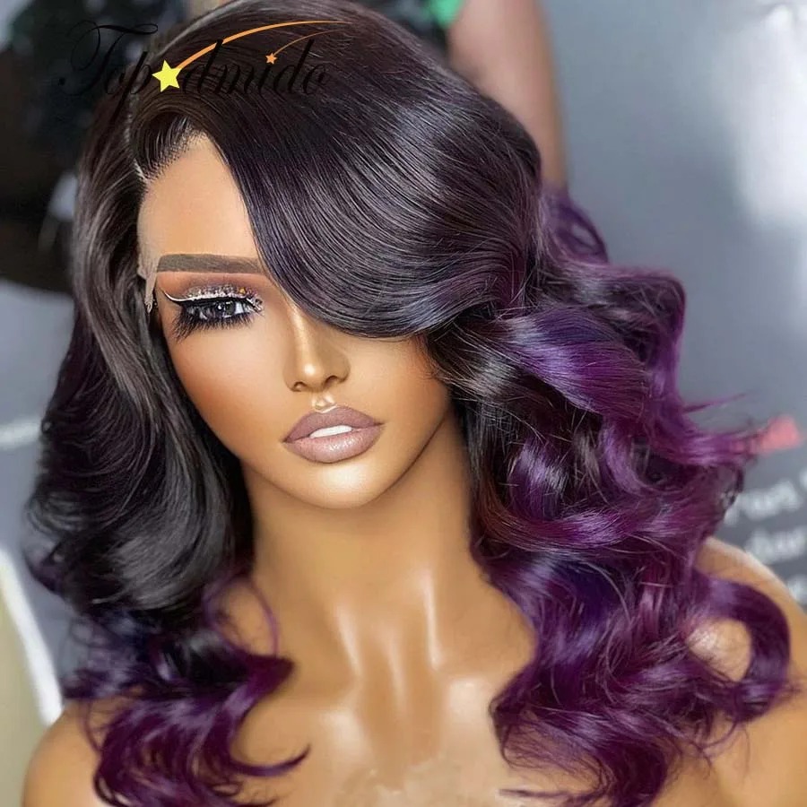 Topodmido Ombre Purple Color 13x6 Front Lace Wig with Side Part Glueless Puravian Hair Wigs 4x4 Human Remy Hair Closure Wigs