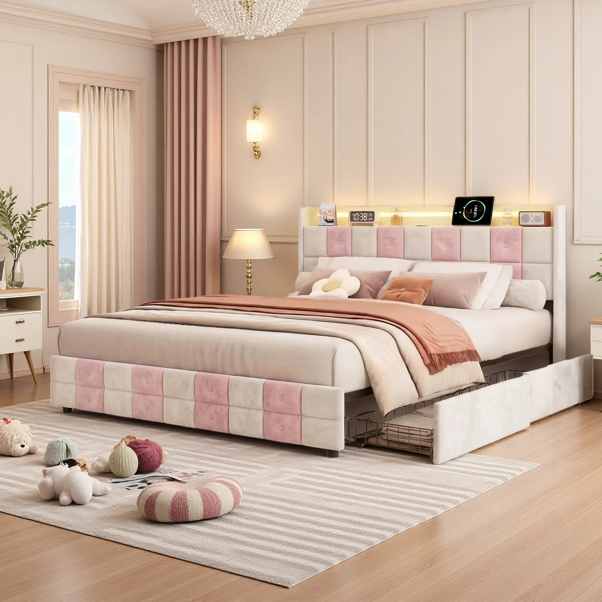 Anajqaqia, letto matrimoniale 140 × 200 cm, struttura letto con vano contenitore, ideale per piccoli spazi, letto con cassetti, letto per adulti, letto da camera da letto, letto imbottito con quattro