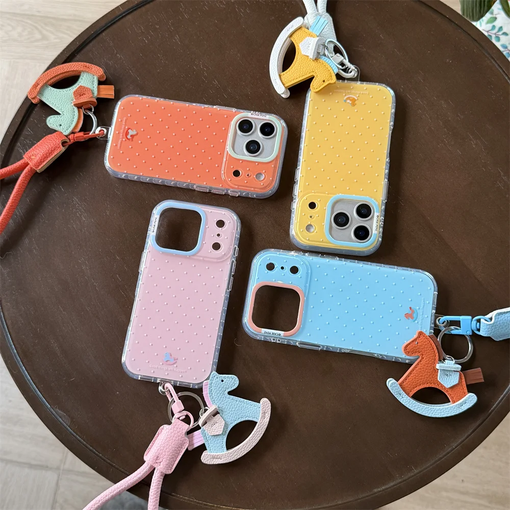 

Four color polka dot rocking horse luxury with lanyard phone case, suitable for iPhone 17 Pro, 13, 14, 15, 16 Pro Max, anti drop
