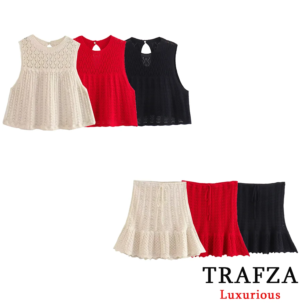 TRAFZA Casual Knit Women Sets O Neck Sleeveless Loose Sweater+High Waist Ruffles Mini Skirts Hollow Out Fashion 2024 Autumn Sets