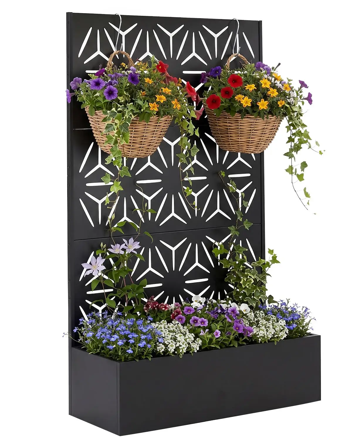 Grote metalen plantenbak met privacy-scherm, geometrisch verhoogd tuinbed voor wijnranken en bloemen. Vrijstaande buitenplantbak met drainagegaten en hangmand, eenvoudige doe-het-zelf montage voor