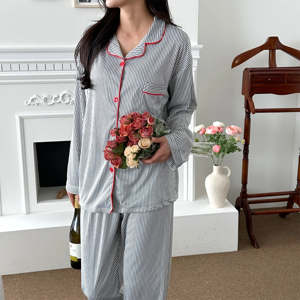 Organic dog sponsored romantic red button-strip couple friendship pajama long-sleeved pajamas set No. 259