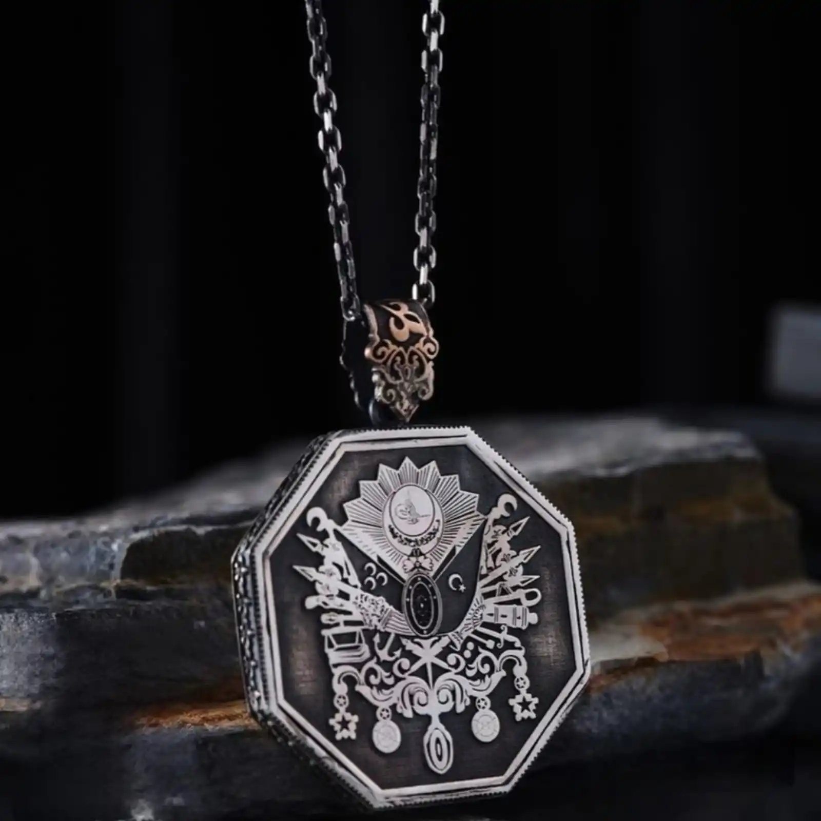 

Handcrafted Octagonal Ottoman Coat of Arms Necklace with Custom Name - Moon and Star Pendant