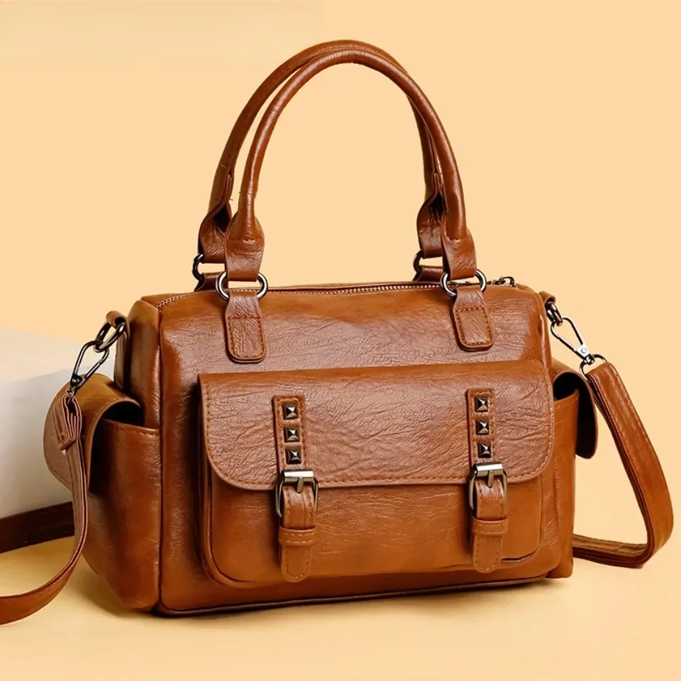 Modne torby na ramię dla kobiet Luksusowa torebka z nitami PU Skórzane damskie torby na ramię w jednolitym kolorze Messenger Commuting Sac — zdjęcie 2