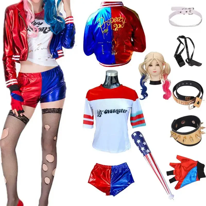 Top Qualität Mädchen Frauen Selbstmord Harley Cosplay Kostüme Squad Quinn Monster Genäht Jacke Hosen Sets Halloween Kostüm