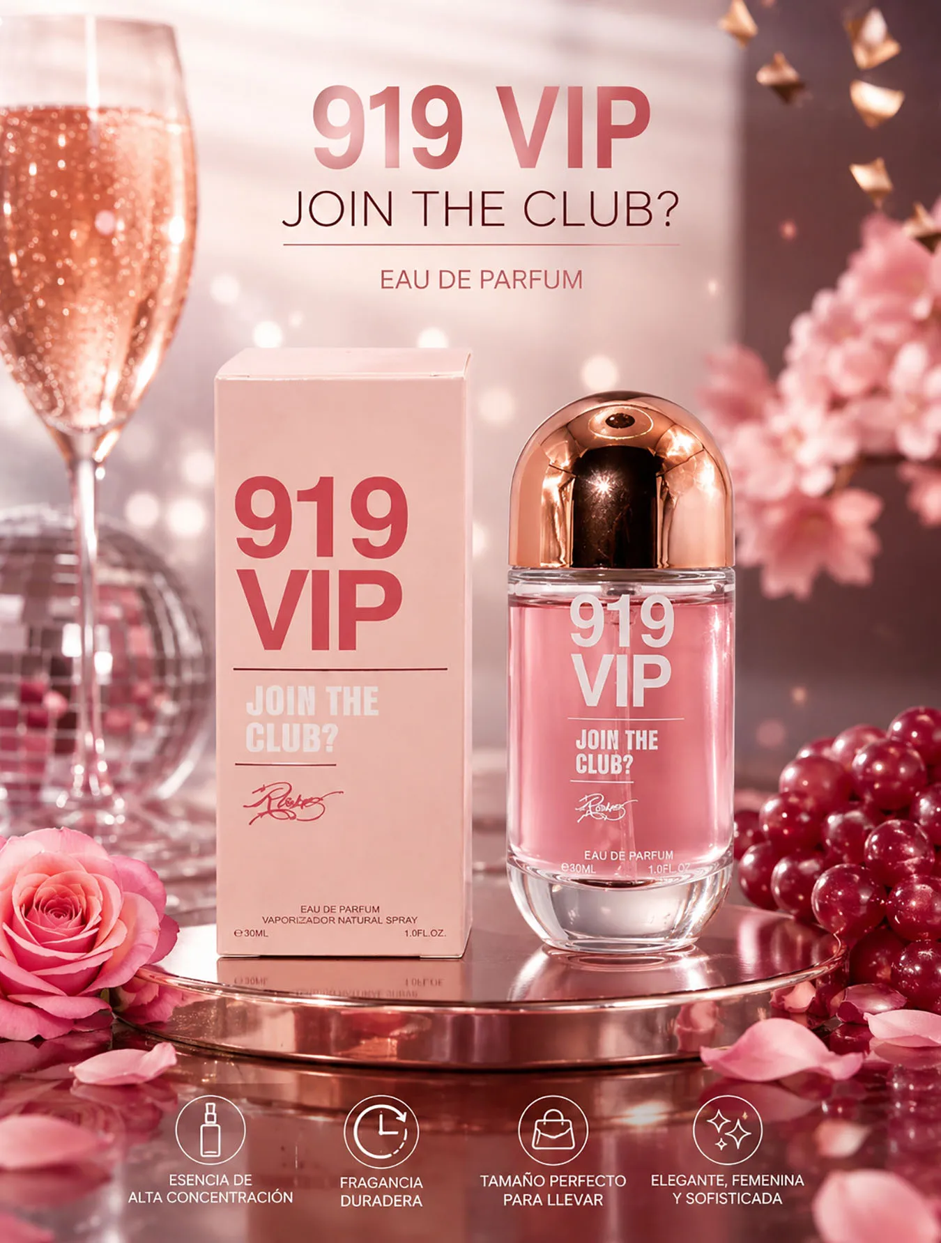 Perfume De Mujer Dama 919 VIP Join The Club Fragancia Femenina Premium Original Eau De Parfum EDP 30ml Aroma Floral Frutal Dulce Notas De Champagne Rosé Y Flor De Durazno Musk Madera Larga Duración Bolsillo Viaje Regal