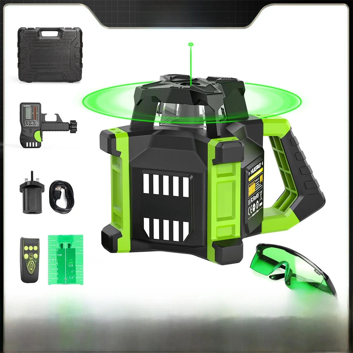 Huepar RL300HVG Elektronisches grünes Rotationslaser-Wasserwaage + Lotpunkte Selbstnivellierendes Rotationslaser-Set mit Empfänger und Fernbedienung
