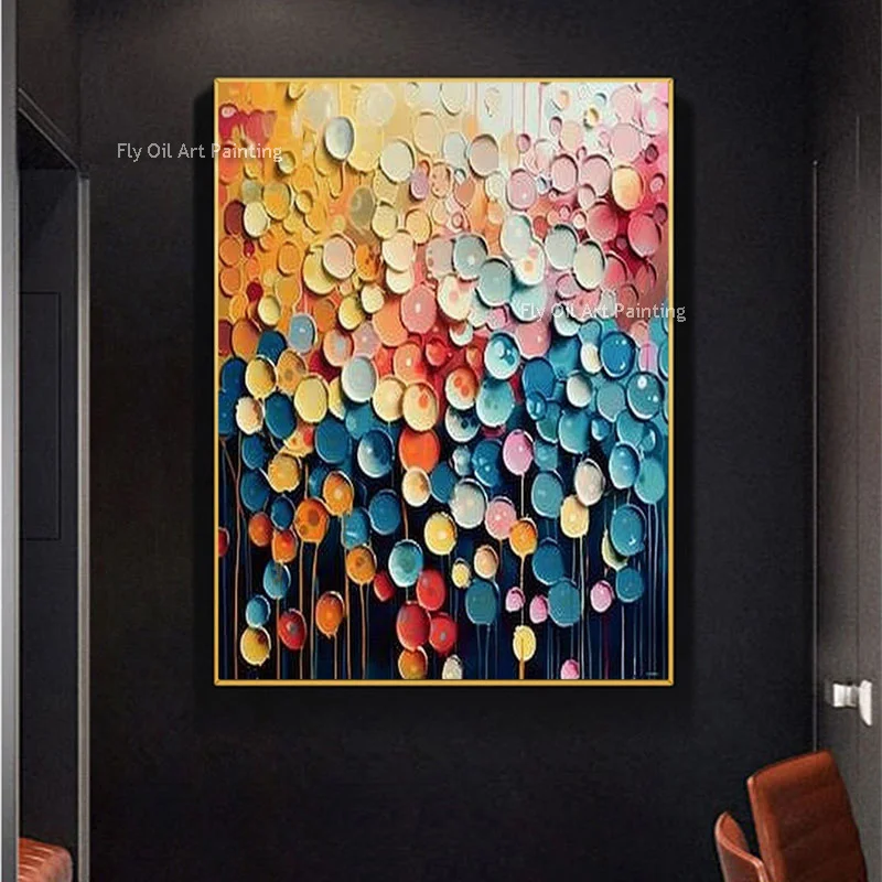 Original Colorful Floral Oil Painting On Canvas Handmade Abstract Wall Decor Colorful Dots Knife Textured Art For Wall Decor