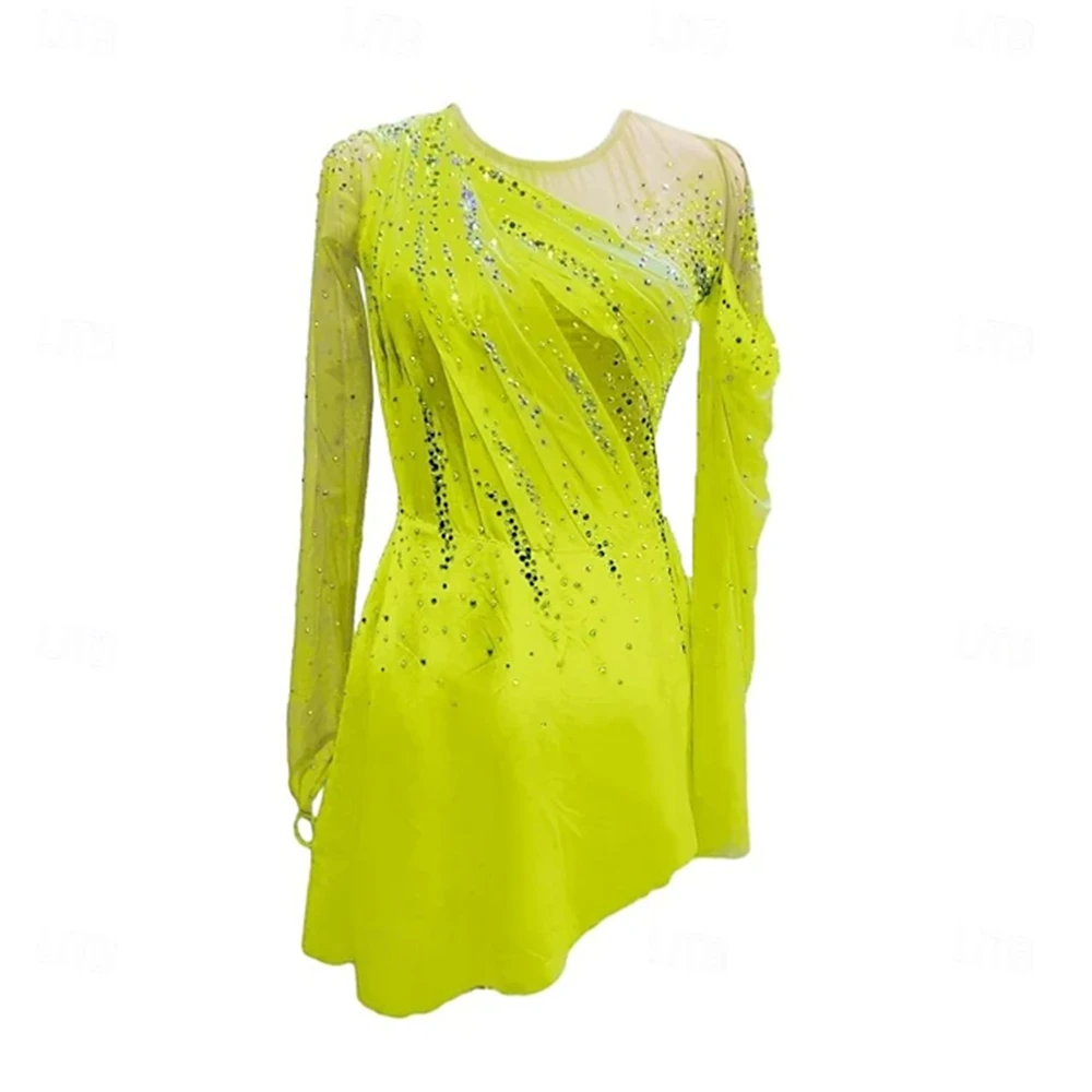 

Figure Skating Dress Girl Patchwork Thumbhole Mesh Spandex Stretchy Training Practice Professional Skating Wear Rhinestone Long