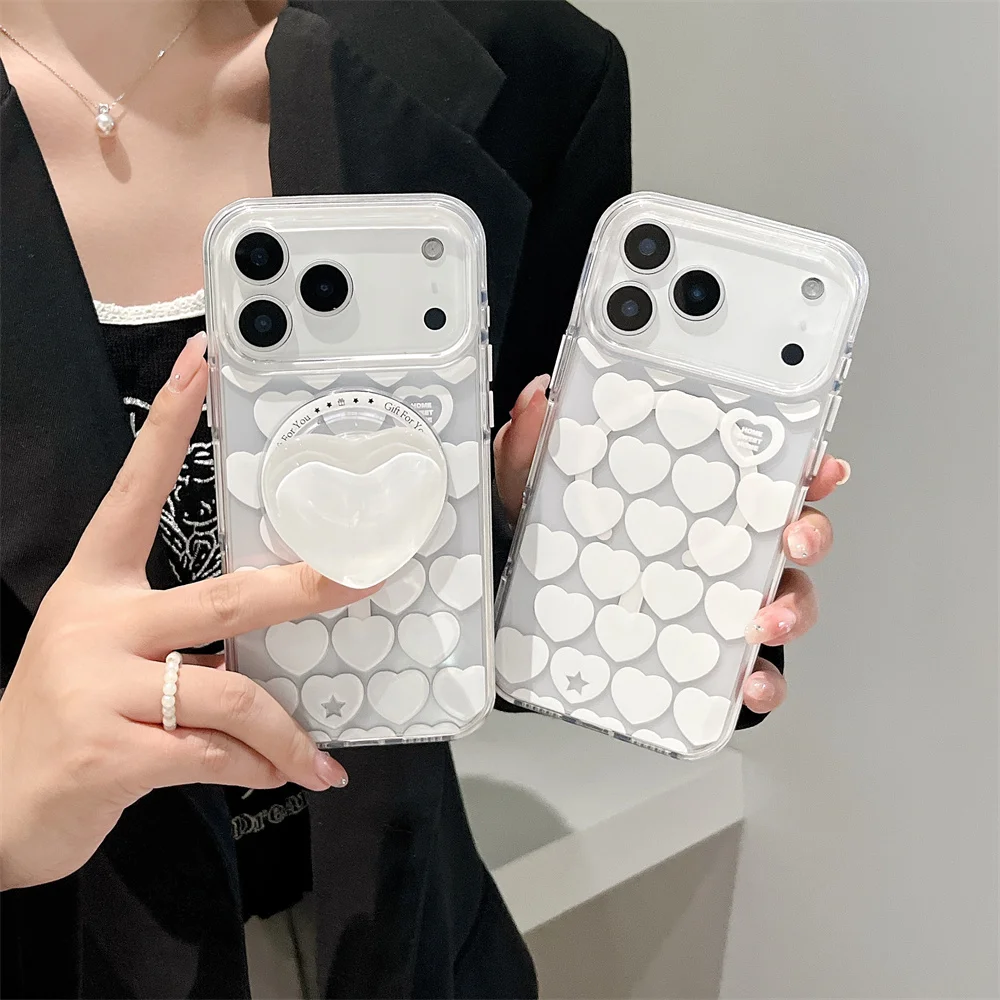 

Korean INS white love silicone phone case for iPhone 16 15 14 13 17 Pro Max Fundas cute shockproof cover For Magsafe Holder Case