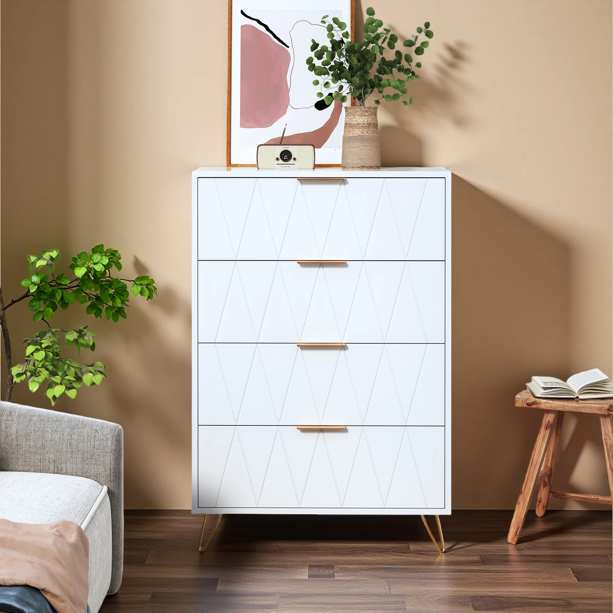 Anajqaqia Commode moderne, armoire de rangement en bois, armoire à manger avec tiroirs et poignées dorées, pour chambre à coucher, blanc