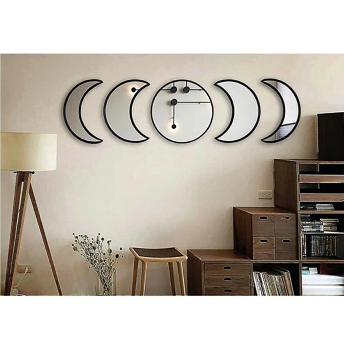 5 Pcs Wooden Moon Phase Wall Mirror Set Room Wall Decoration Art Ornament Plexiglass Unbreakable Mirror