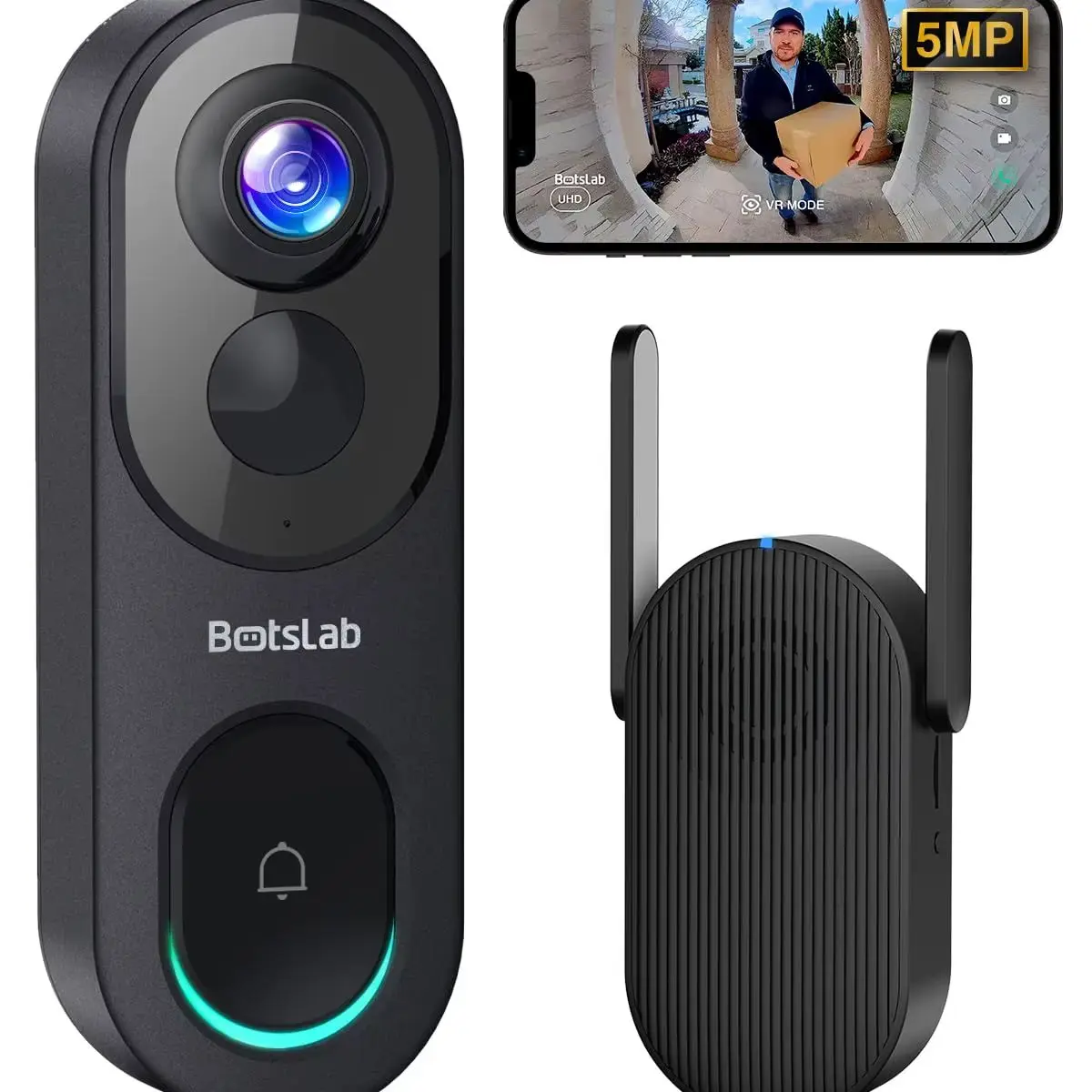 Botslab R810 180° Panoramisch Draadloos Video Deurbel Camera AI Bewegingsdetectie Nachtzicht 5 MP WiFi Deurbel IP66 Waterdicht Beveiliging Digitaal Deurspion met Cloud- en Lokale Opslag