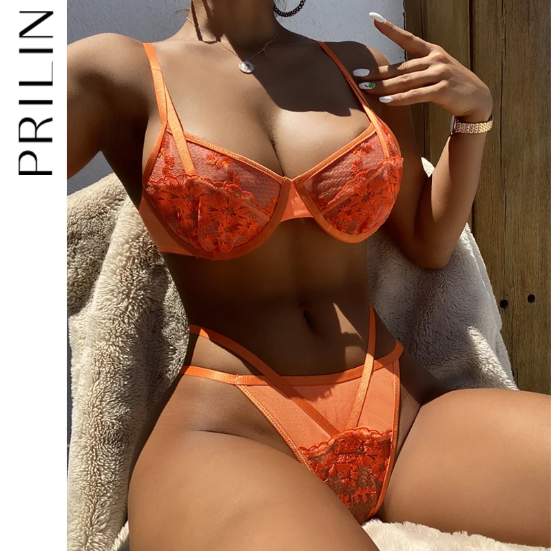 

PRILIN 2022 Women Sexy Thong Lingerie Embroidery Floral Underwire Bras Porno Transparent Sensual Luxury Underwear Orange