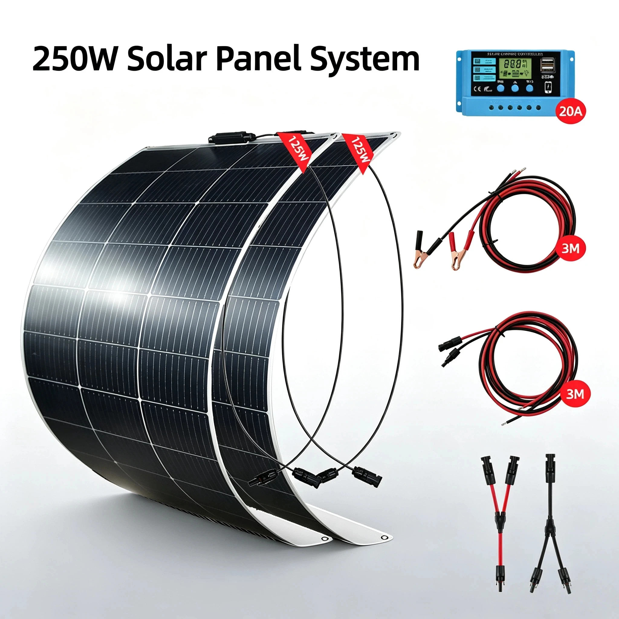 250W Solarstrom-System-Kits, 18V tragbare Solarmodule, leicht, wasserdicht, einfach zu installieren für den Außenbereich und den Heimgebrauch, Wohnmobil, Boot