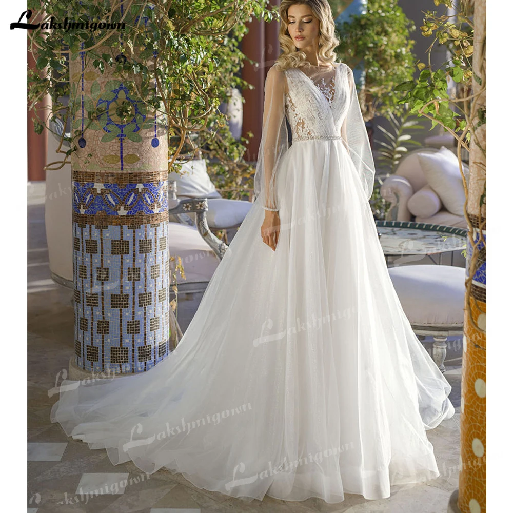 Lush Wedding Dresses For Women 2024 Bride Luxury With Long Sleeves Wedding Gowns Deep V Neck Decorated With Beads robe mariage