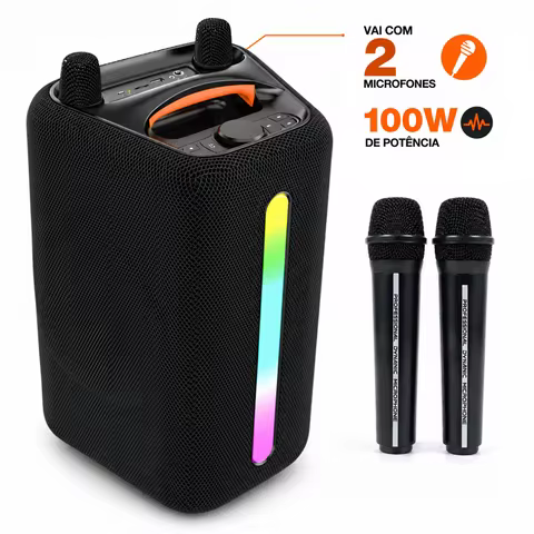 Caixa de Som Karaokê Portátil Bluetooh 100W com 2 Microfones Sem Fio TWS USB AUX Rádio